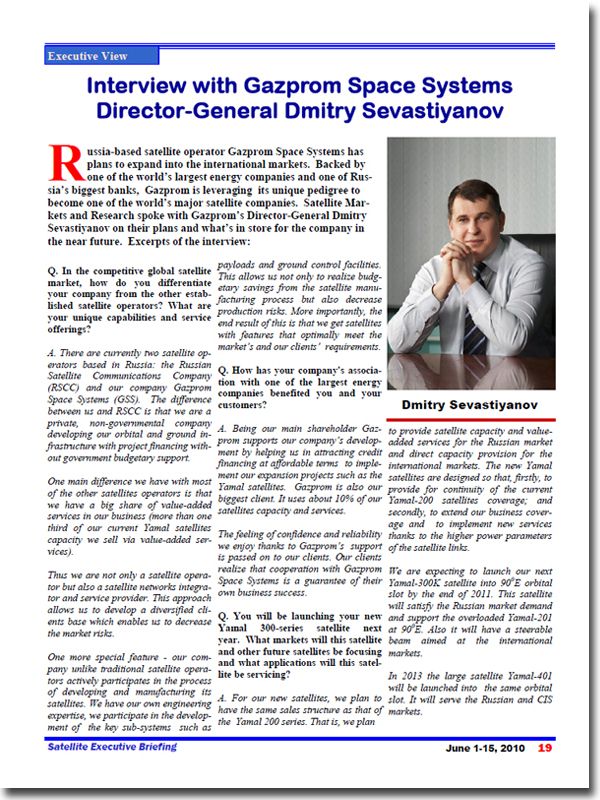 Interview with Gazprom Space Systems Director-General Dmitry Sevastiyanov