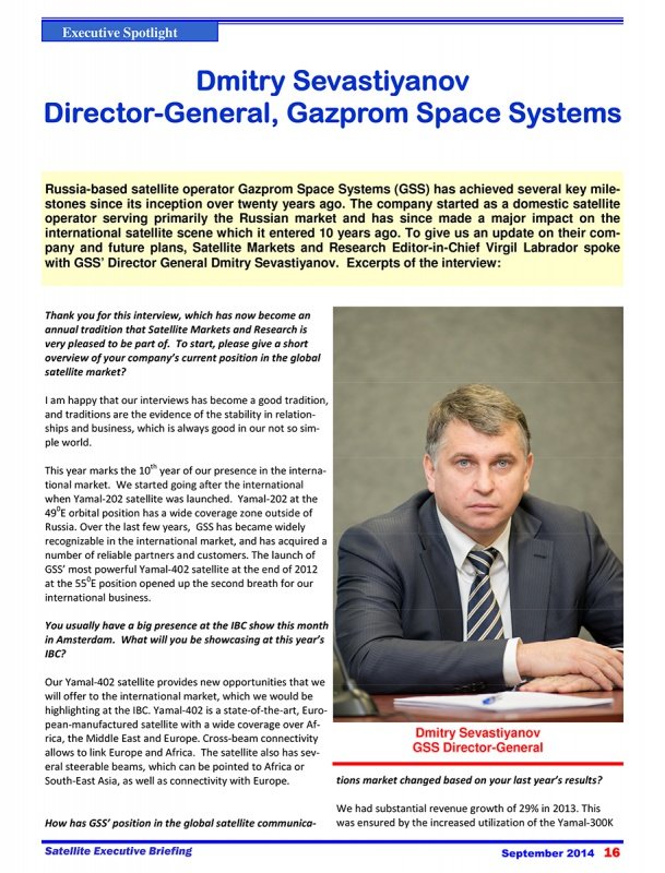 Interview with Dmitry Sevastiyanov Director-General, Gazprom Space Systems